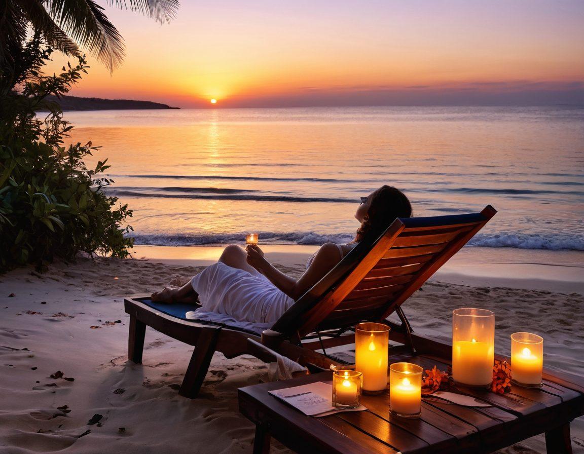 A serene beachside setting featuring soft waves lapping at the shore, with elegant swimwear draped artistically on a sun lounger. In the background, a delicate arrangement of aromatic candles and essential oils on a wooden table. The scene exudes tranquility with warm, golden sunset hues reflecting off the water. Include gentle tropical flora to enhance the atmosphere of emotional wellness. super-realistic. vibrant colors. sunset lighting.