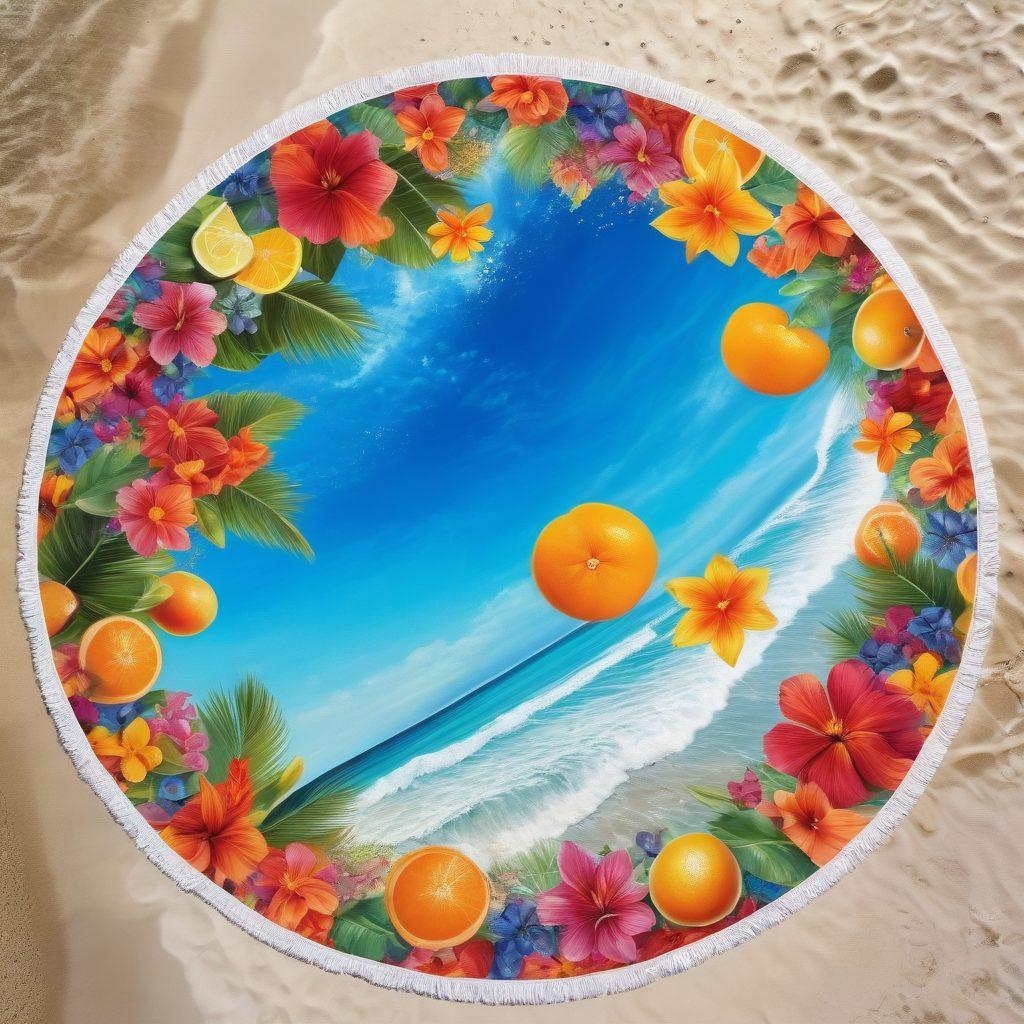 A sunlit beach scene featuring vibrant tropical flowers, citrus fruits, and sea salt, all arranged to create an uplifting fragrance atmosphere. Incorporate a person joyfully relaxing on a beach towel, surrounded by beautiful, vivid scents wafting through the air, depicted as colorful wisps. Capture the essence of summer with a clear blue sky and gentle waves in the background. super-realistic. vibrant colors. 3D.
